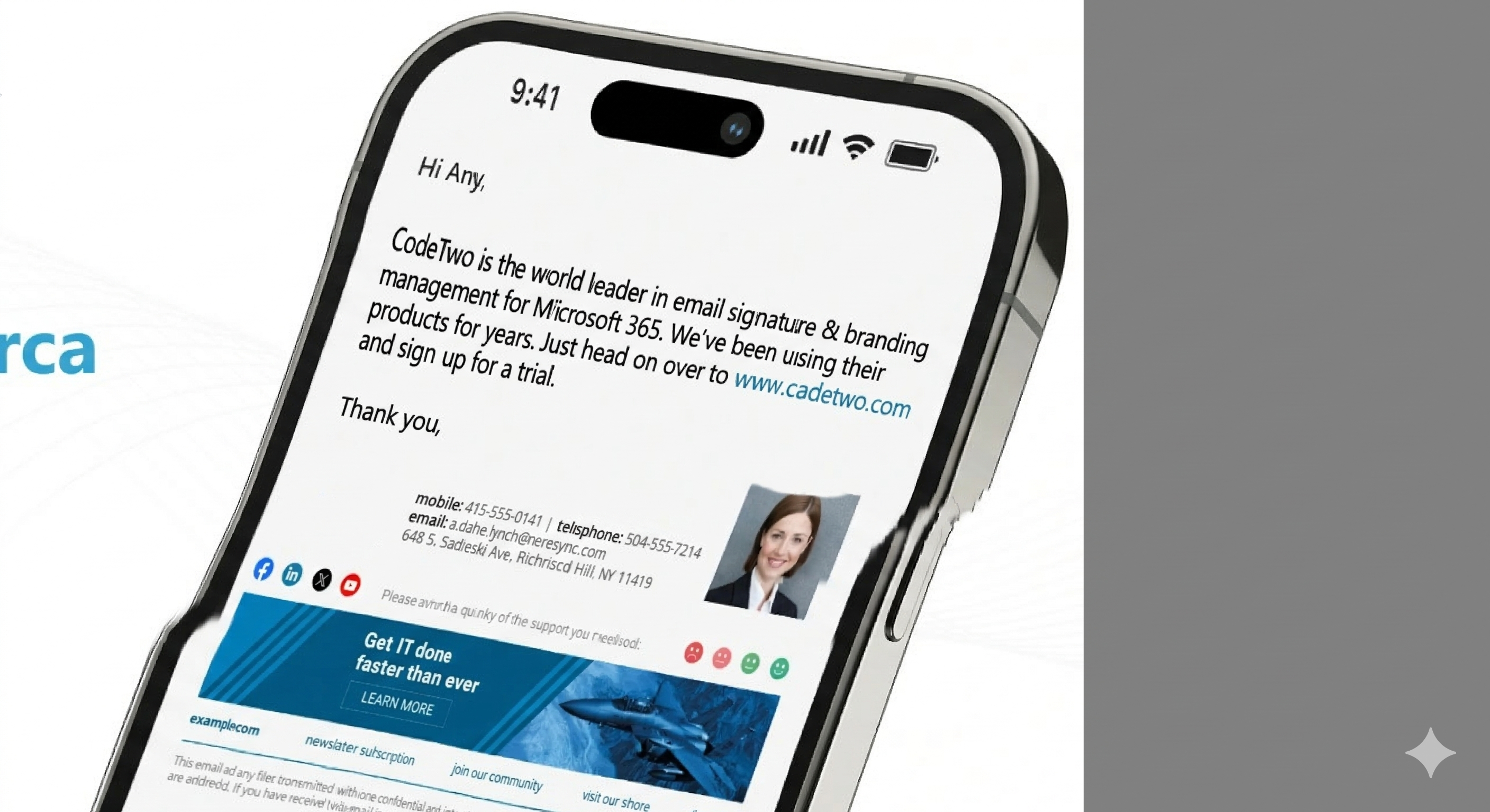 Firma compatible con Outlook mostrada en tableta y teléfono