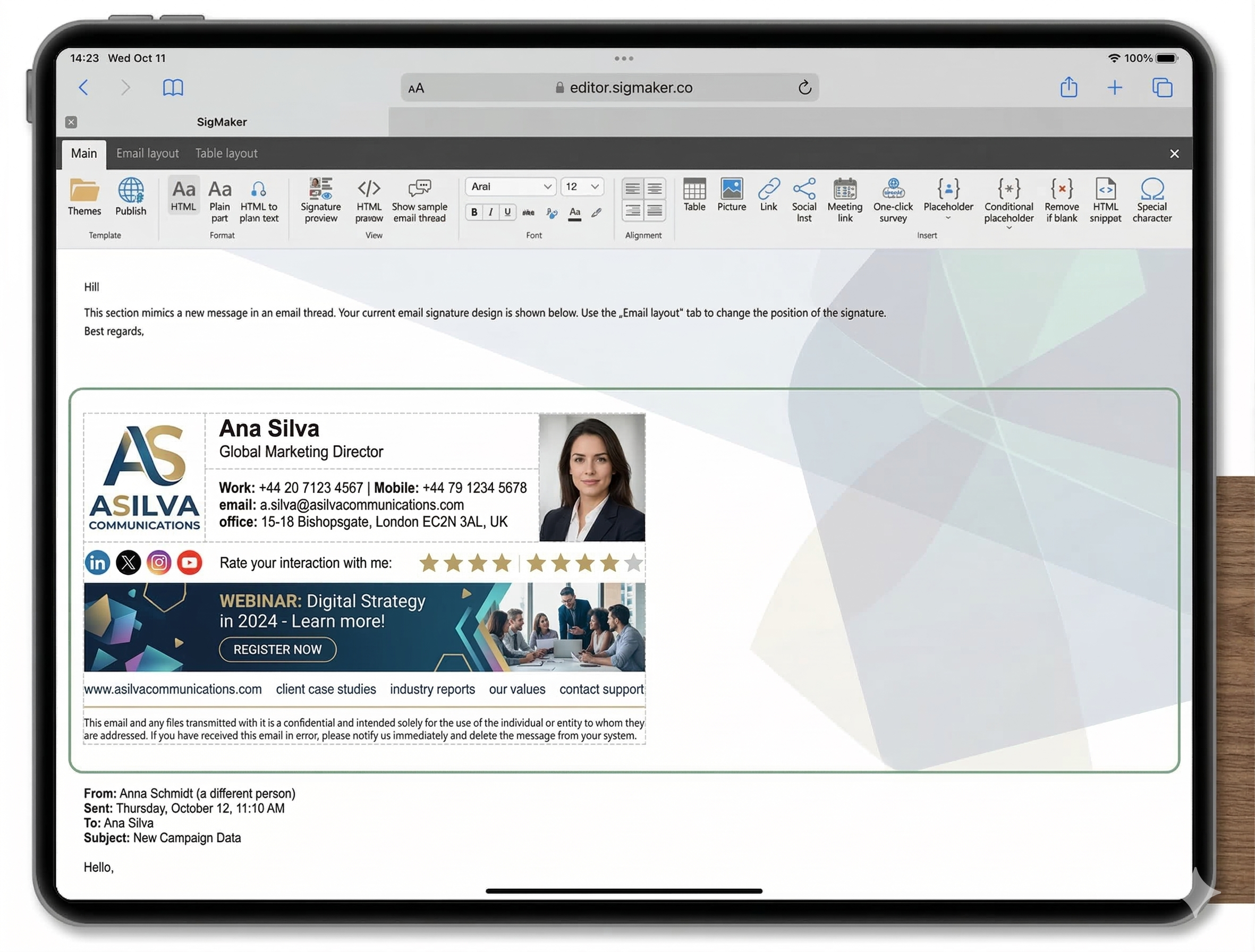 Vista previa de tableta de una interfaz de creación de firmas